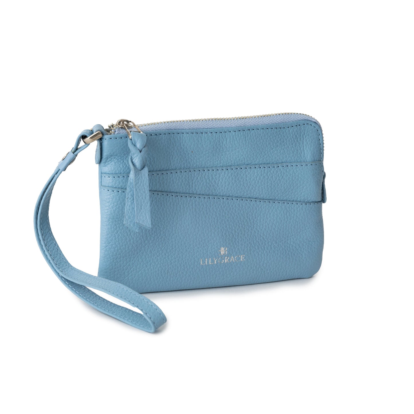 Airlie blue, blue, premium leather wristlet with slim profile