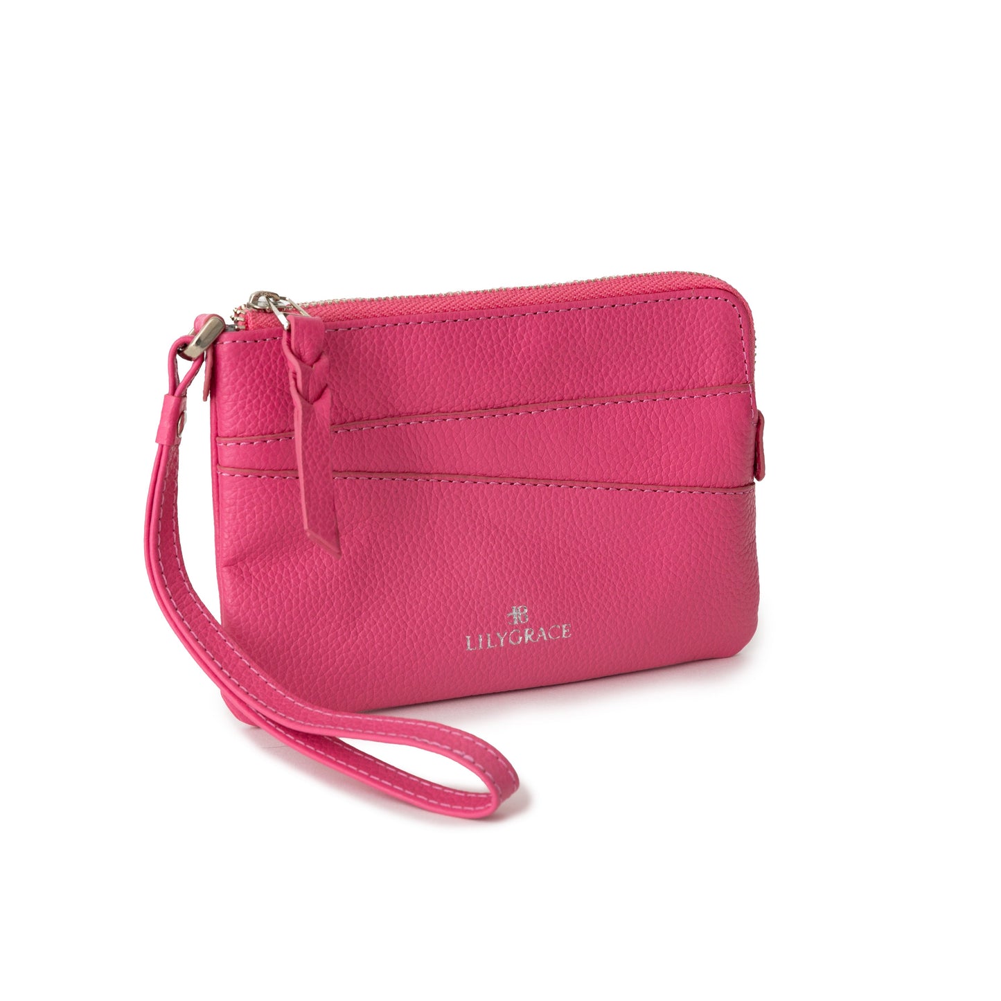 Rose Petal pink, pink, premium leather wristlet with slim profile