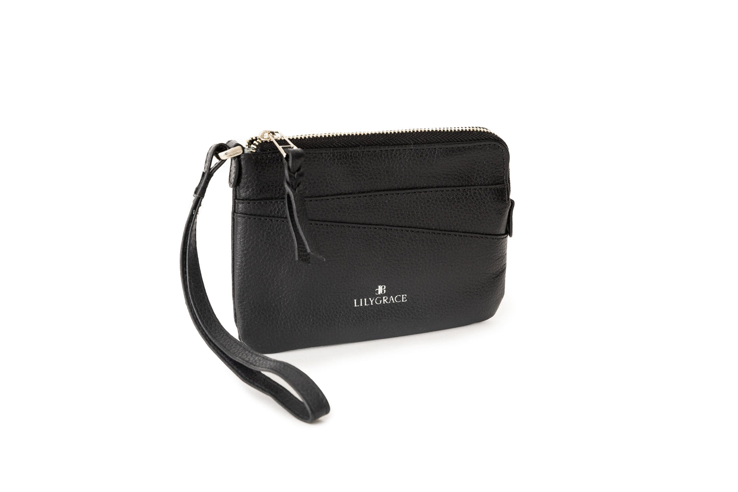 Tuxedo black, black, premium leather wristlet with slim profile