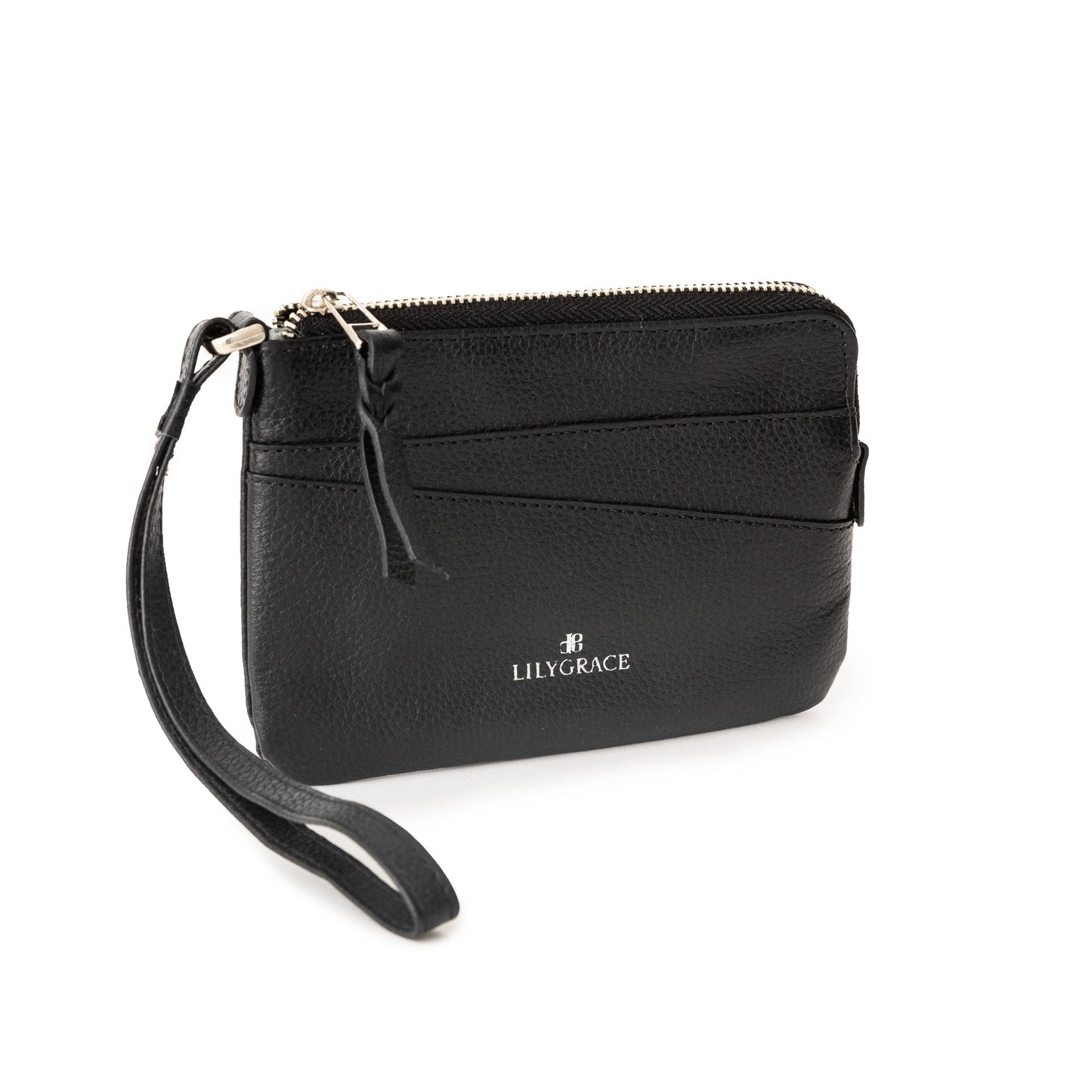 Tuxedo black, black, premium leather wristlet with slim profile