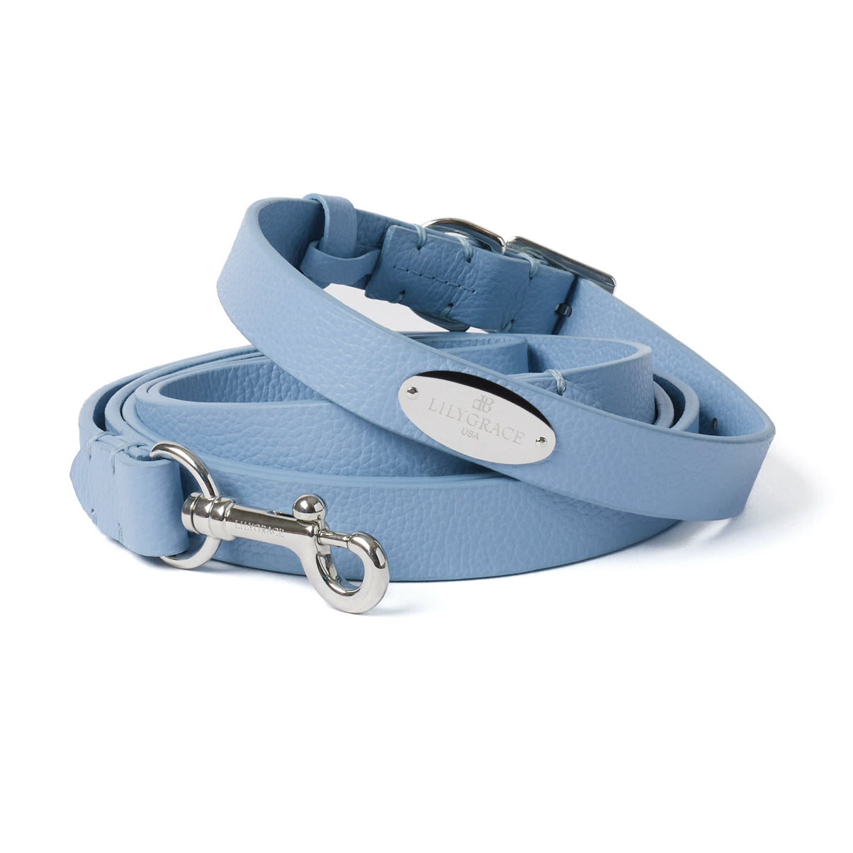 Airlie Blue, blue, premium leather dog leash with polished hardware
