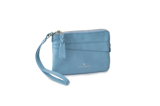 Airlie blue, blue, premium leather wristlet with slim profile