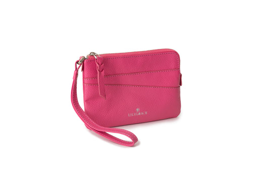 Rose Petal pink, pink, premium leather wristlet with slim profile