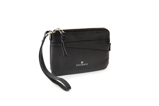 Tuxedo black, black, premium leather wristlet with slim profile