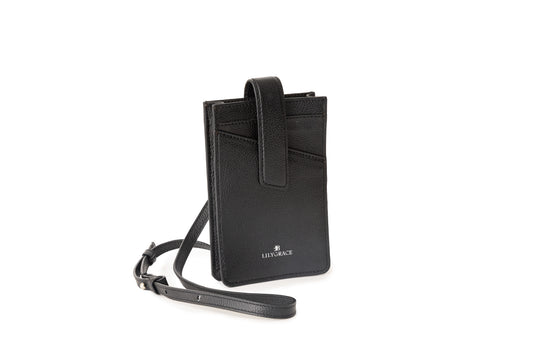Tuxedo black, black, premium leather phone pouch, crossbody strap
