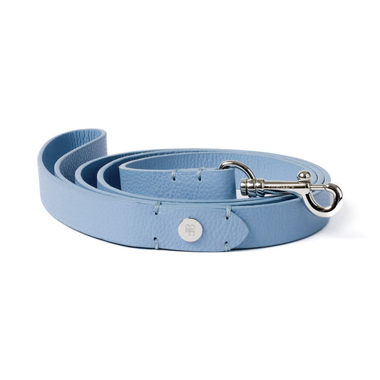 Airlie Blue, blue, premium leather dog leash with polished hardware